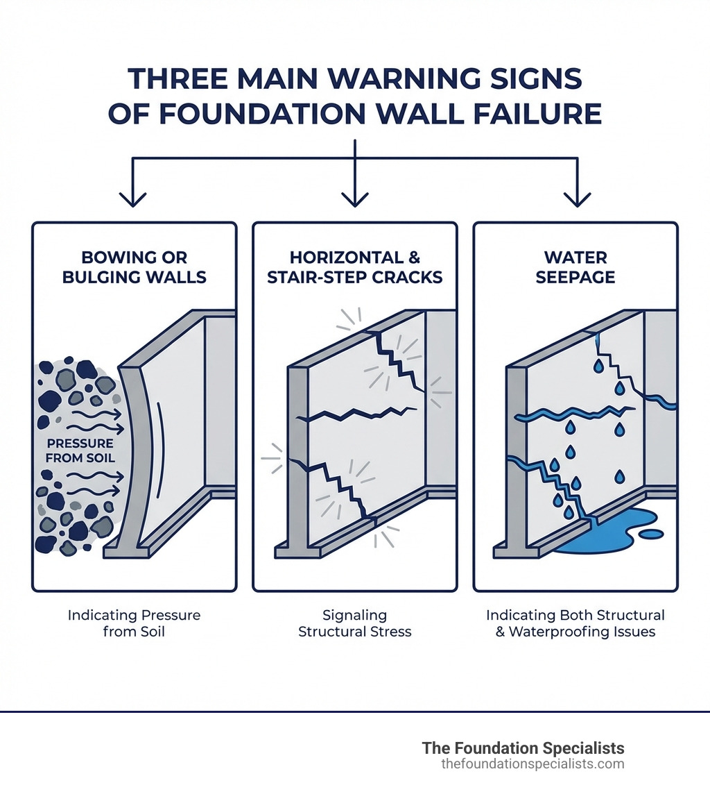 Infographic showing the three main warning signs of foundation wall failure: bowing or bulging walls indicating pressure from soil, horizontal or stair-step cracks signaling structural stress, and water seepage through cracks indicating both structural and waterproofing issues - foundation wall repair infographic 