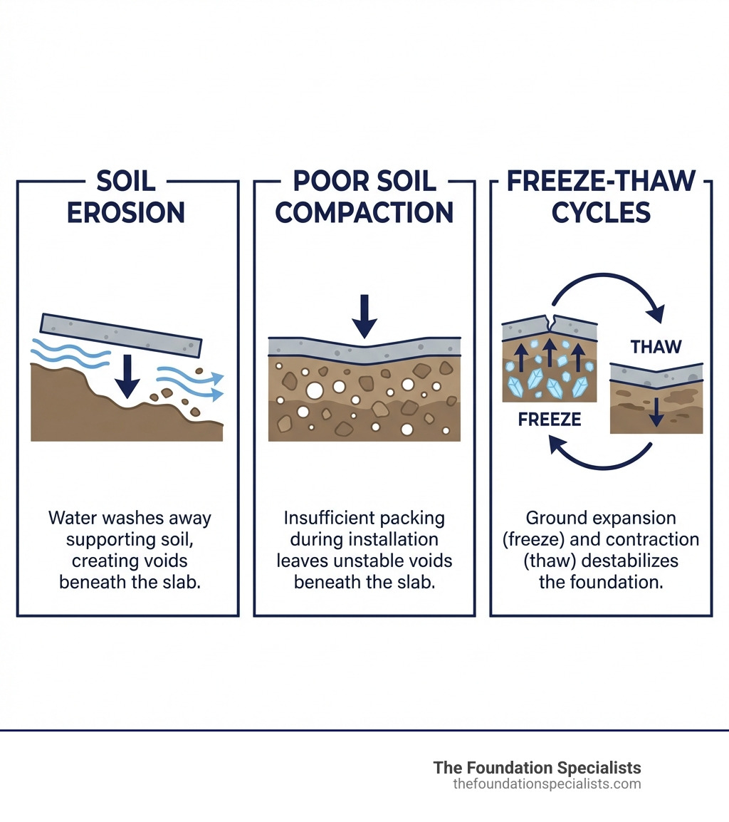 infographic showing the three main causes of driveway sinking: soil erosion from water washing away supporting soil, poor soil compaction during installation leaving voids beneath the slab, and freeze-thaw cycles causing ground expansion and contraction that destabilizes the concrete foundation - Concrete driveway leveling infographic 