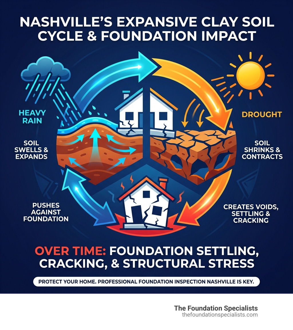 Infographic showing Nashville's expansive clay soil cycle: heavy rain causes soil to swell and push against foundations, then drought causes soil to shrink away and create voids, leading to foundation settling, cracking, and structural stress over time - foundation inspection nashville infographic Infographic showing Nashville's expansive clay soil cycle: heavy rain causes soil to swell and push against foundations, then drought causes soil to shrink away and create voids, leading to foundation settling, cracking, and structural stress over time - foundation inspection nashville infographic