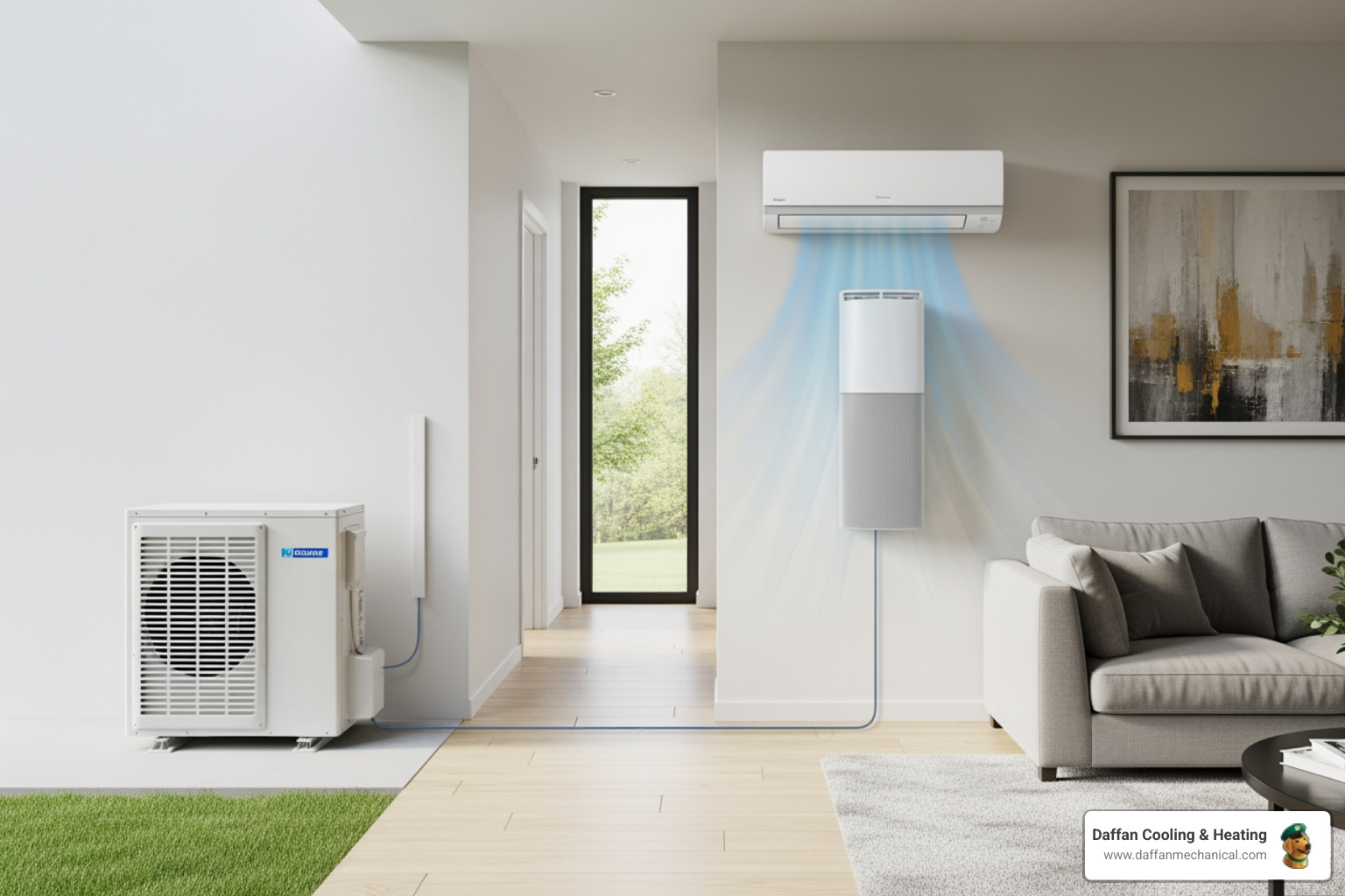 infographic showing ductless mini-split system components: outdoor compressor unit connected to wall-mounted indoor air handler via refrigerant line, with benefits listed including energy efficiency, zone control, quiet operation, and heat pump functionality for Acton TX climate - best ductless ac in acton, tx infographic showing ductless mini-split system components: outdoor compressor unit connected to wall-mounted indoor air handler via refrigerant line, with benefits listed including energy efficiency, zone control, quiet operation, and heat pump functionality for Acton TX climate - best ductless ac in acton, tx