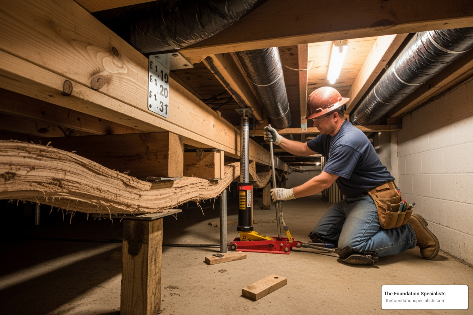 dark, damp crawl space with rotting wood joists - how to fix sagging floor in crawl space