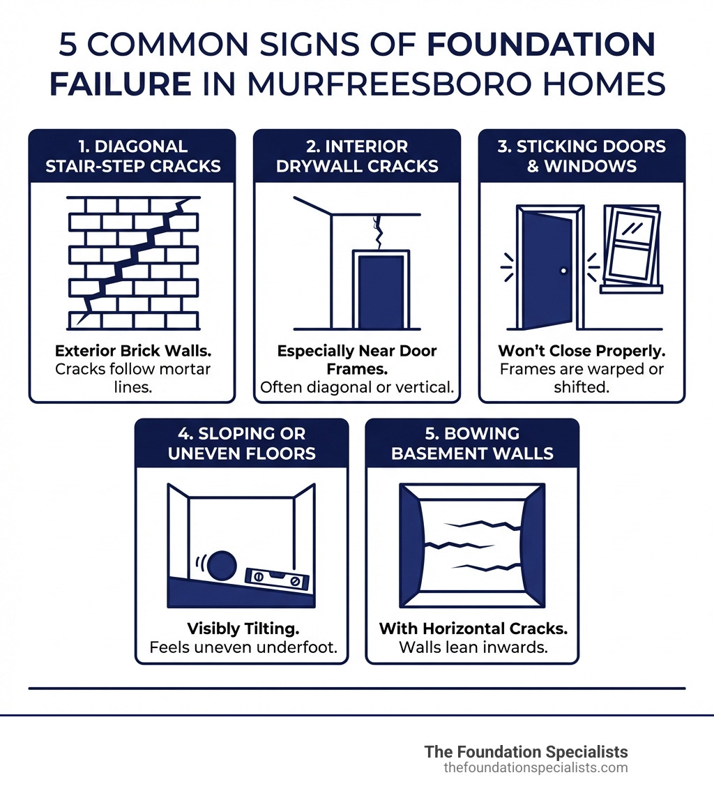 Infographic showing the 5 most common signs of foundation failure in Murfreesboro homes: diagonal stair-step cracks in brick exterior walls, interior drywall cracks especially near door frames, doors and windows that stick or won't close properly, visibly sloping or uneven floors, and bowing or leaning basement walls with horizontal cracks - foundation repair murfreesboro tn infographic Infographic showing the 5 most common signs of foundation failure in Murfreesboro homes: diagonal stair-step cracks in brick exterior walls, interior drywall cracks especially near door frames, doors and windows that stick or won't close properly, visibly sloping or uneven floors, and bowing or leaning basement walls with horizontal cracks - foundation repair murfreesboro tn infographic