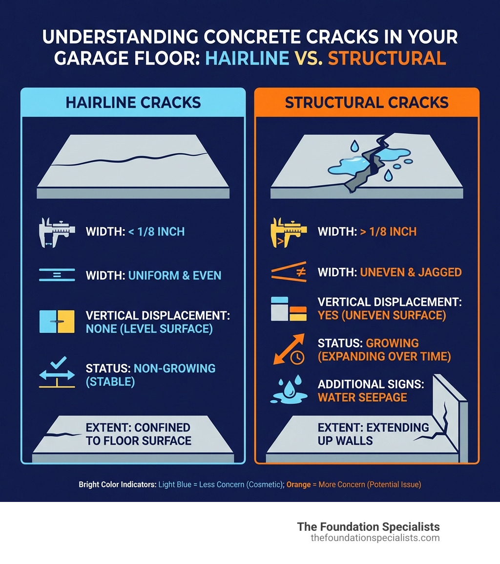 Infographic showing the difference between hairline cracks (less than 1/8 inch, uniform width, no vertical displacement, non-growing) and structural cracks (greater than 1/8 inch, uneven width, vertical displacement, growing, water seepage, extending up walls) - hairline cracks in garage floor infographic 