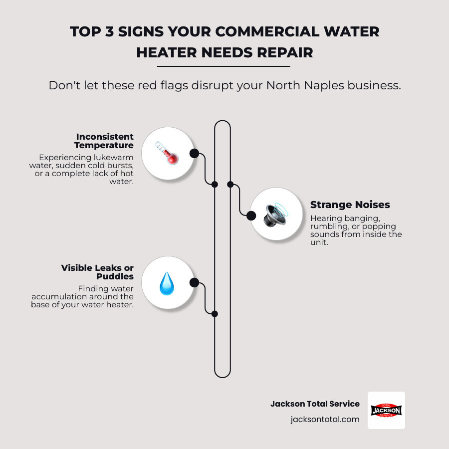 Infographic showing the top 3 signs a commercial water heater needs repair: 1) No hot water or inconsistent temperature with thermometer icon, 2) Strange noises like banging or rumbling with sound wave icon, 3) Visible leaks or puddles around the unit with water droplet icon - commercial water heater repair in north naples, fl infographic infographic-line-3-steps-elegant_beige