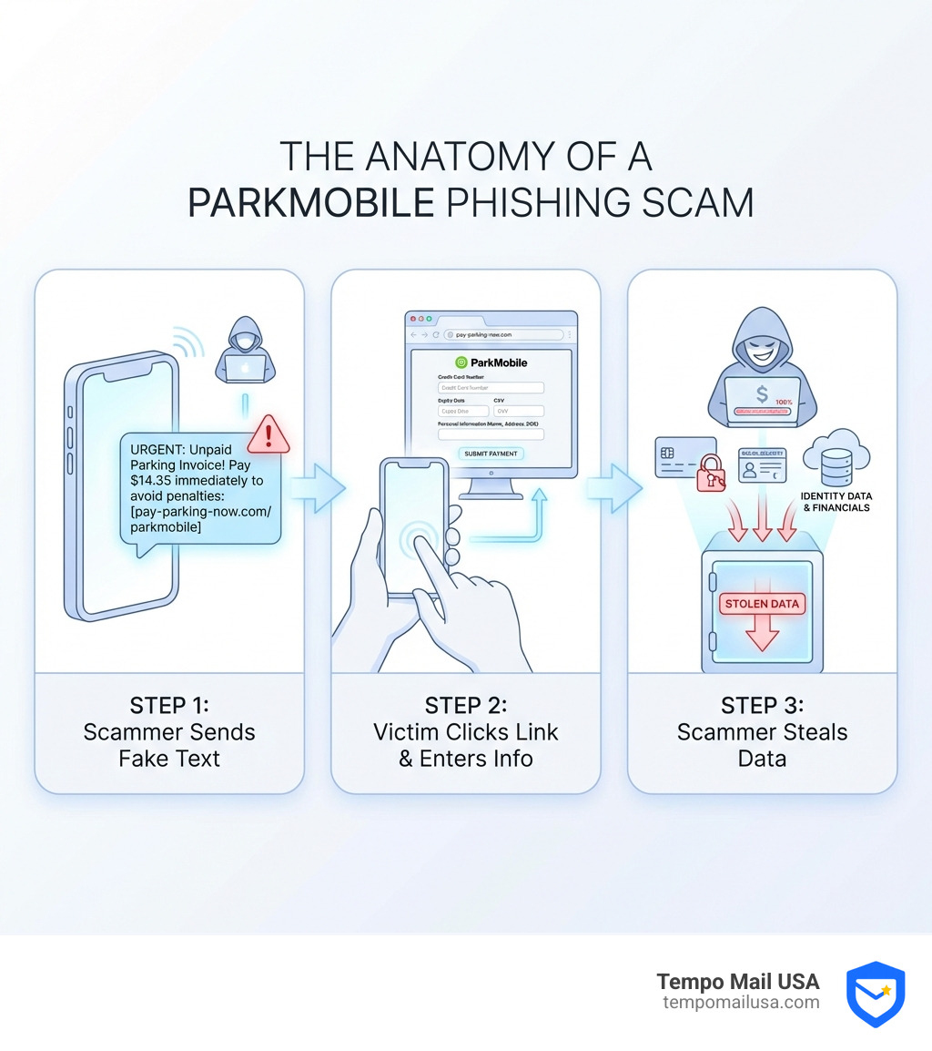 infographic showing the anatomy of a ParkMobile phishing scam text: step 1 shows scammer sending fake text with urgent payment demand and malicious link, step 2 shows victim clicking link and entering personal information on fake website, step 3 shows scammer stealing credit card and identity data - parkmobile scam text infographic infographic showing the anatomy of a ParkMobile phishing scam text: step 1 shows scammer sending fake text with urgent payment demand and malicious link, step 2 shows victim clicking link and entering personal information on fake website, step 3 shows scammer stealing credit card and identity data - parkmobile scam text infographic