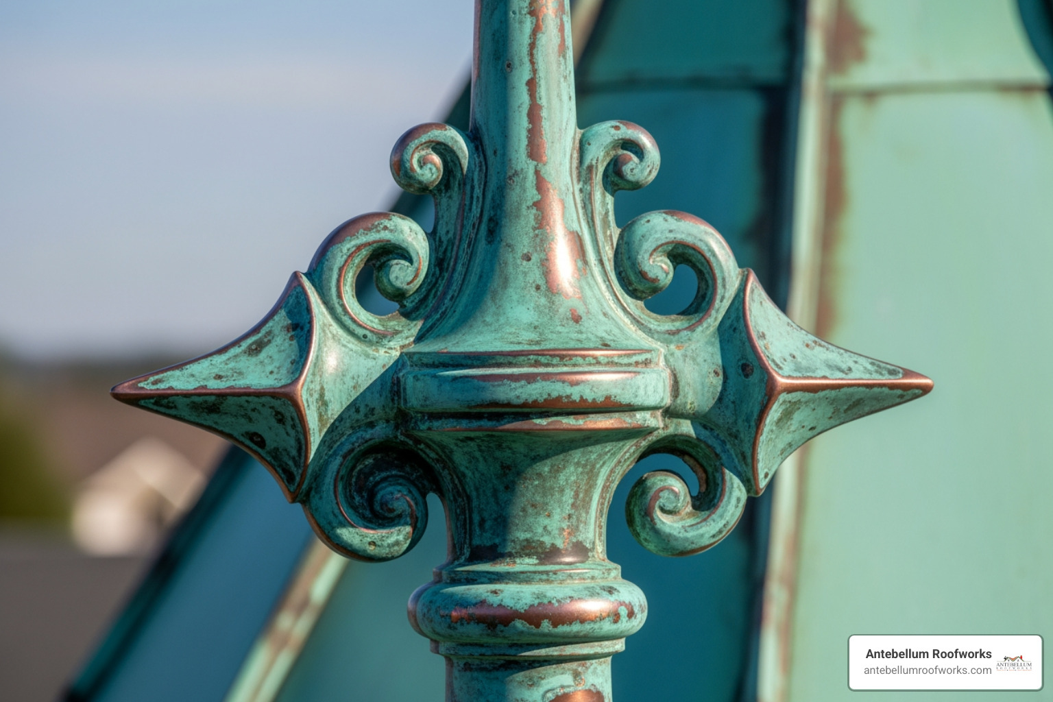 copper finial with natural patina - roof finials near me