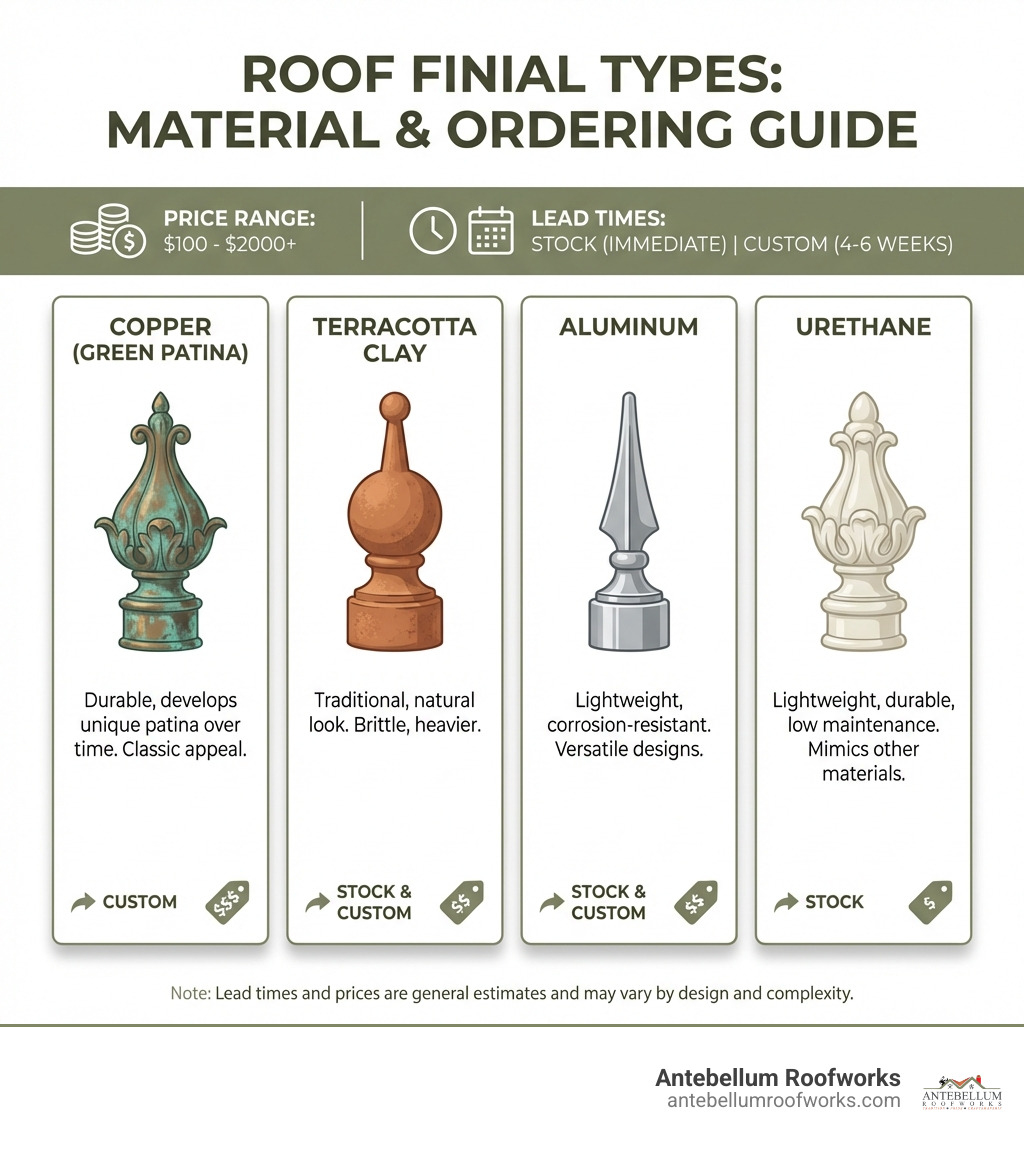 infographic showing types of roof finials by material including copper with green patina, terracotta clay, aluminum, and urethane options, with price ranges from $100 to $2000+ and typical lead times of 4-6 weeks for custom orders versus immediate shipping for stock items - roof finials near me infographic 