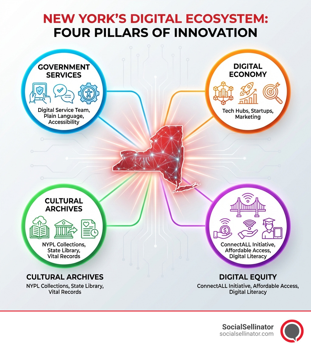Infographic showing New York's digital ecosystem with four main pillars: Government Services (including Digital Service team, plain language, accessibility), Digital Economy (tech hubs, startups, marketing), Cultural Archives (NYPL collections, State Library, vital records), and Digital Equity (ConnectALL initiative, affordable access, digital literacy) - New York digital infographic