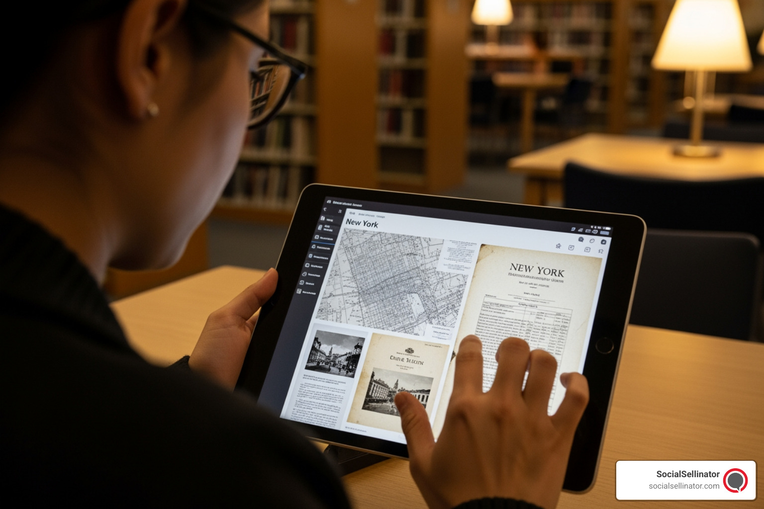 Person browsing digital archive on a tablet, with historical New York documents visible - New York digital