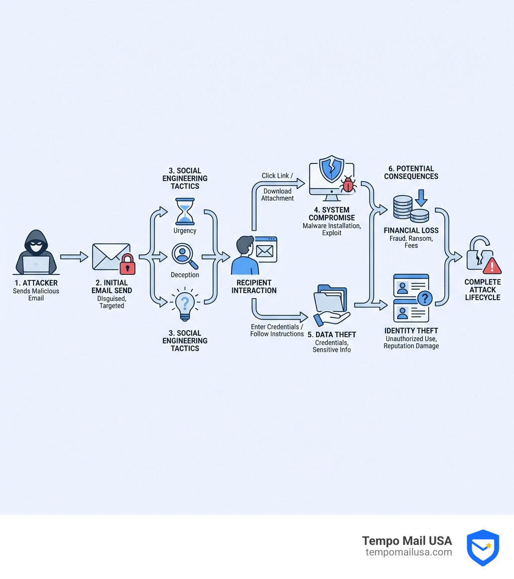 infographic showing the lifecycle of a malicious email attack from initial send through social engineering tactics to system compromise, data theft, and potential consequences including financial loss and identity theft -  what is true about malicious content in emails infographic 