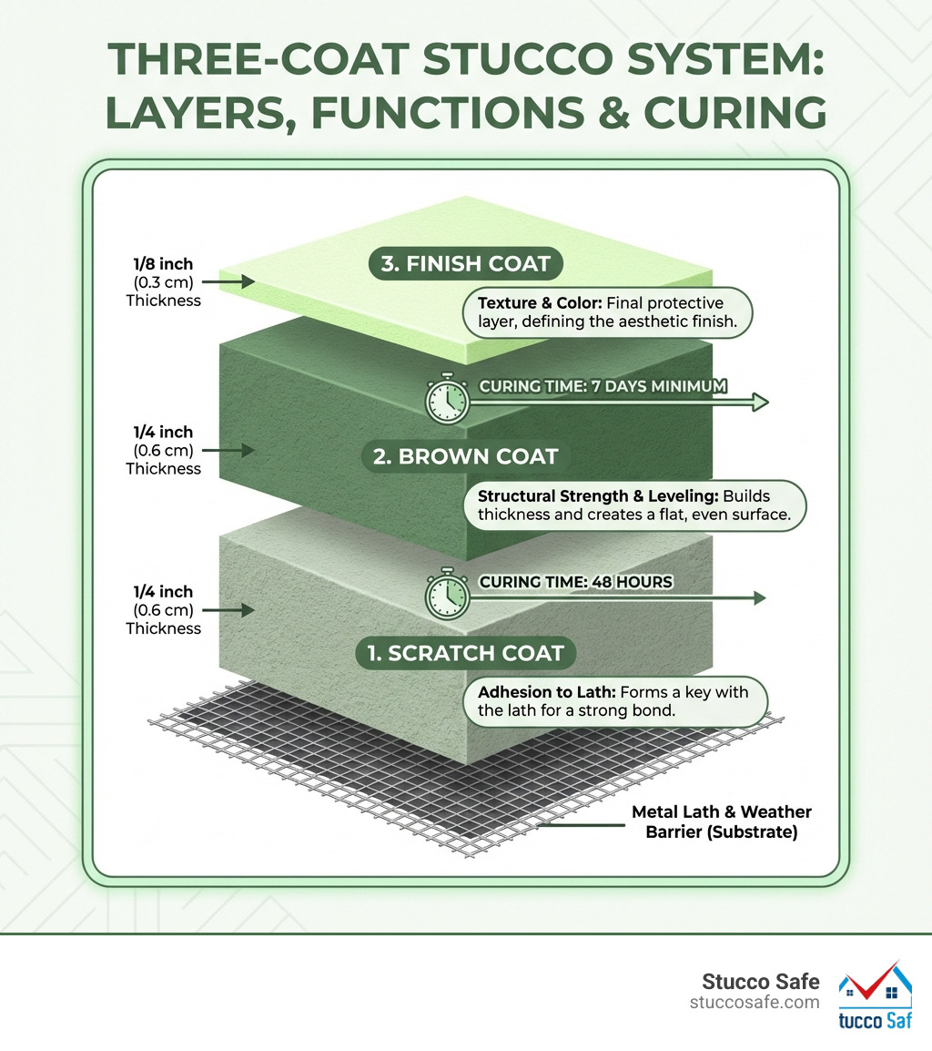Infographic showing the three-coat stucco system layers: scratch coat at 1/4 inch for adhesion to lath, brown coat at 1/4 inch for structural strength and leveling, and finish coat at 1/8 inch for texture and color, with proper curing times of 48 hours between scratch and brown coat, and 7 days minimum before finish coat - stucco construction infographic Infographic showing the three-coat stucco system layers: scratch coat at 1/4 inch for adhesion to lath, brown coat at 1/4 inch for structural strength and leveling, and finish coat at 1/8 inch for texture and color, with proper curing times of 48 hours between scratch and brown coat, and 7 days minimum before finish coat - stucco construction infographic