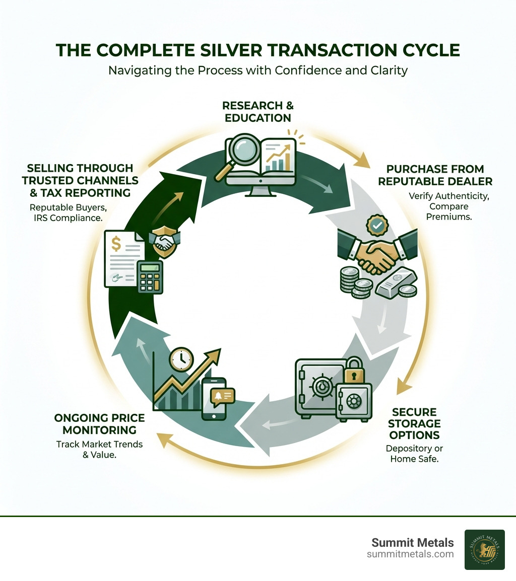 infographic showing the complete silver transaction cycle: research and education leading to purchase from reputable dealer, then secure storage options, ongoing price monitoring, and finally selling through trusted channels with proper tax reporting - buying selling silver infographic 