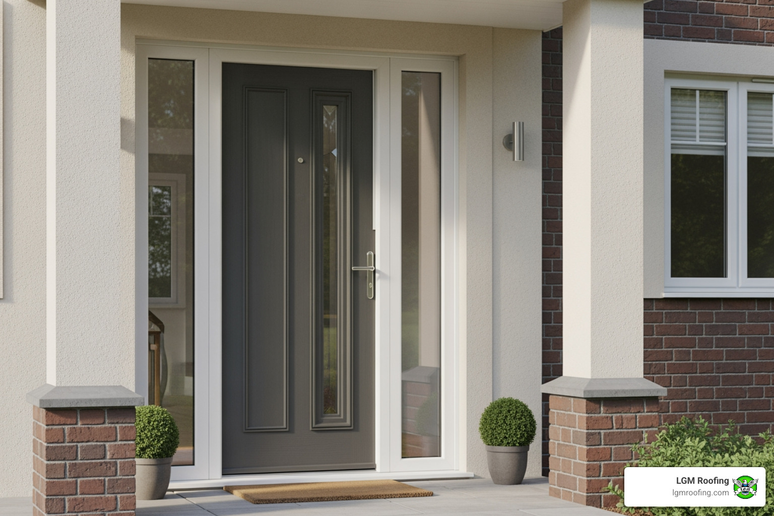 Infographic showing three key benefits of professional door installation: Enhanced Security with multi-point locking systems and proper frame installation, Improved Energy Efficiency through proper sealing and insulation reducing energy bills by up to 15%, and Increased Home Value with expert installation ensuring curb appeal and long-term performance with warranty protection - professional door installation in montclair, nj Front door installation by LGM Roofing, showcasing a modern gray door with glass panels, enhancing home security and curb appeal, surrounded by decorative potted plants and a welcoming entryway.