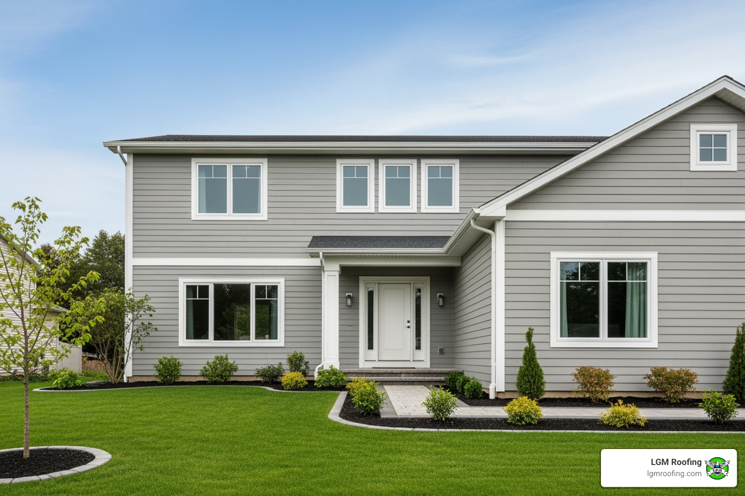 infographic explaining the key benefits of quality siding for a home - local siding contractors in bloomfield, nj Modern home exterior with gray siding, large windows, and a welcoming entrance, showcasing quality craftsmanship by LGM Roofing, a local contractor in Bloomfield, NJ.