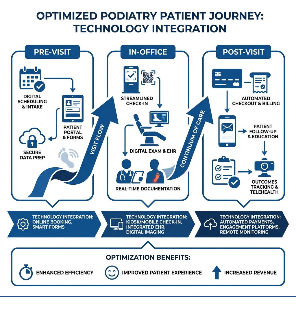 infographic showing the optimized podiatry patient journey from pre-visit digital intake and scheduling through in-office check-in and exam to post-visit checkout billing and follow-up with technology integration points at each stage - Podiatry workflow optimization infographic 