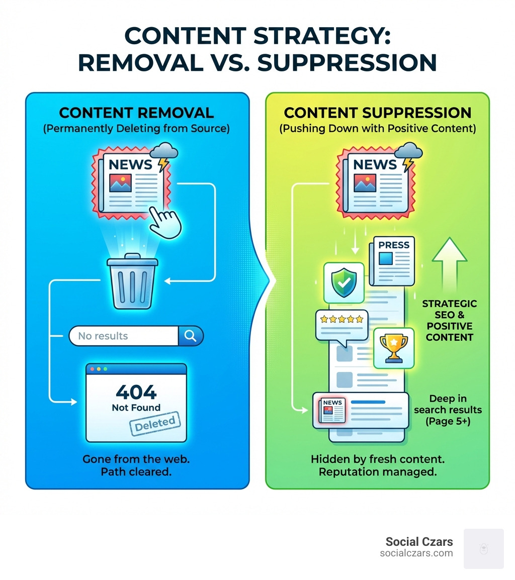 infographic showing the difference between content removal (permanently deleting from source) and content suppression (pushing down with positive content in search results) - how to remove negative news articles from google infographic infographic showing the difference between content removal (permanently deleting from source) and content suppression (pushing down with positive content in search results) - how to remove negative news articles from google infographic
