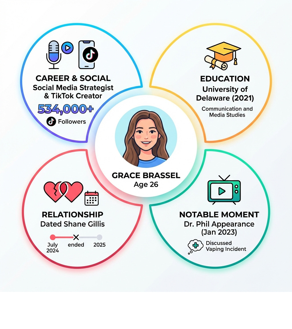 Infographic showing Grace Brassel's profile: Age 26, Social Media Strategist and TikTok Creator, 534,000 TikTok followers, University of Delaware graduate in Communication and Media Studies (2021), Dated Shane Gillis from July 2024 to 2025, Notable TV appearance on Dr. Phil in January 2023 - shane gillis girlfriend infographic 