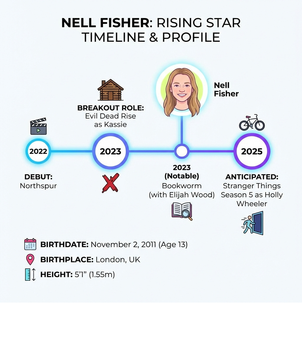 infographic showing Nell Fisher's career timeline from 2022 debut in Northspur to 2025 Stranger Things Season 5, including key stats like birthdate November 2 2011, birthplace London UK, height 5 foot 1 inch, and notable roles in Evil Dead Rise as Kassie and Bookworm with Elijah Wood - nell fisher infographic infographic showing Nell Fisher's career timeline from 2022 debut in Northspur to 2025 Stranger Things Season 5, including key stats like birthdate November 2 2011, birthplace London UK, height 5 foot 1 inch, and notable roles in Evil Dead Rise as Kassie and Bookworm with Elijah Wood - nell fisher infographic