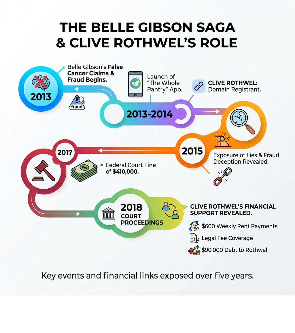 Timeline infographic showing Belle Gibson's cancer fraud claims from 2013, launch of The Whole Pantry app with Clive Rothwel as domain registrant in 2013-2014, exposure of lies in 2015, Federal Court fine of $410,000 in 2017, and 2018 court proceedings revealing Rothwel's financial support including $600 weekly rent payments, legal fee coverage, and $90,000 debt - clive rothwel infographic Timeline infographic showing Belle Gibson's cancer fraud claims from 2013, launch of The Whole Pantry app with Clive Rothwel as domain registrant in 2013-2014, exposure of lies in 2015, Federal Court fine of $410,000 in 2017, and 2018 court proceedings revealing Rothwel's financial support including $600 weekly rent payments, legal fee coverage, and $90,000 debt - clive rothwel infographic
