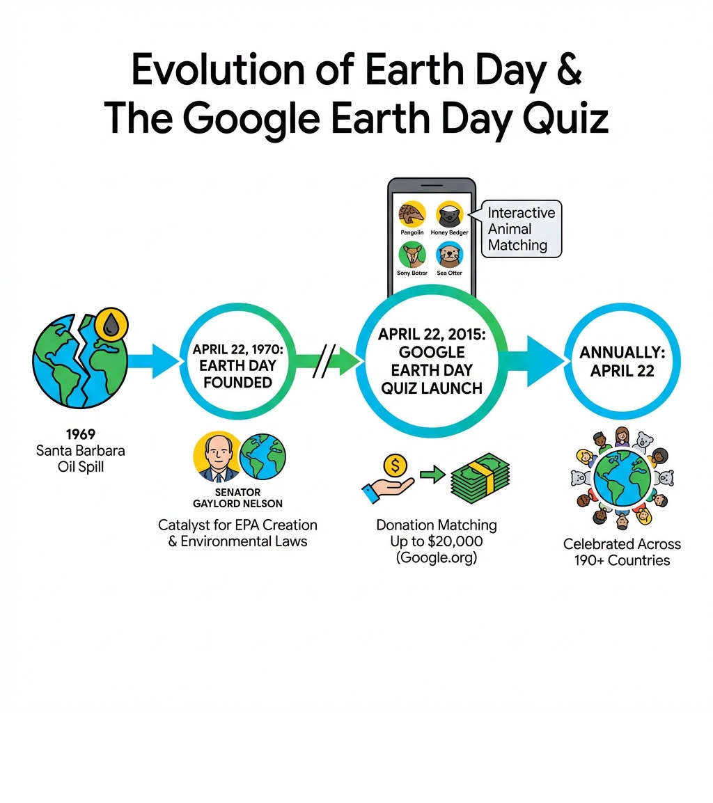 Infographic showing the timeline of Earth Day and the Google Earth Day quiz, starting with Earth Day's founding by Senator Gaylord Nelson on April 22, 1970, following the 1969 Santa Barbara oil spill, leading to the creation of the EPA and environmental laws, then jumping to 2015 when Google launched its first interactive Earth Day quiz with animal matching and donation matching up to $20,000, celebrated annually on April 22 across 190+ countries - google earth day quiz infographic 