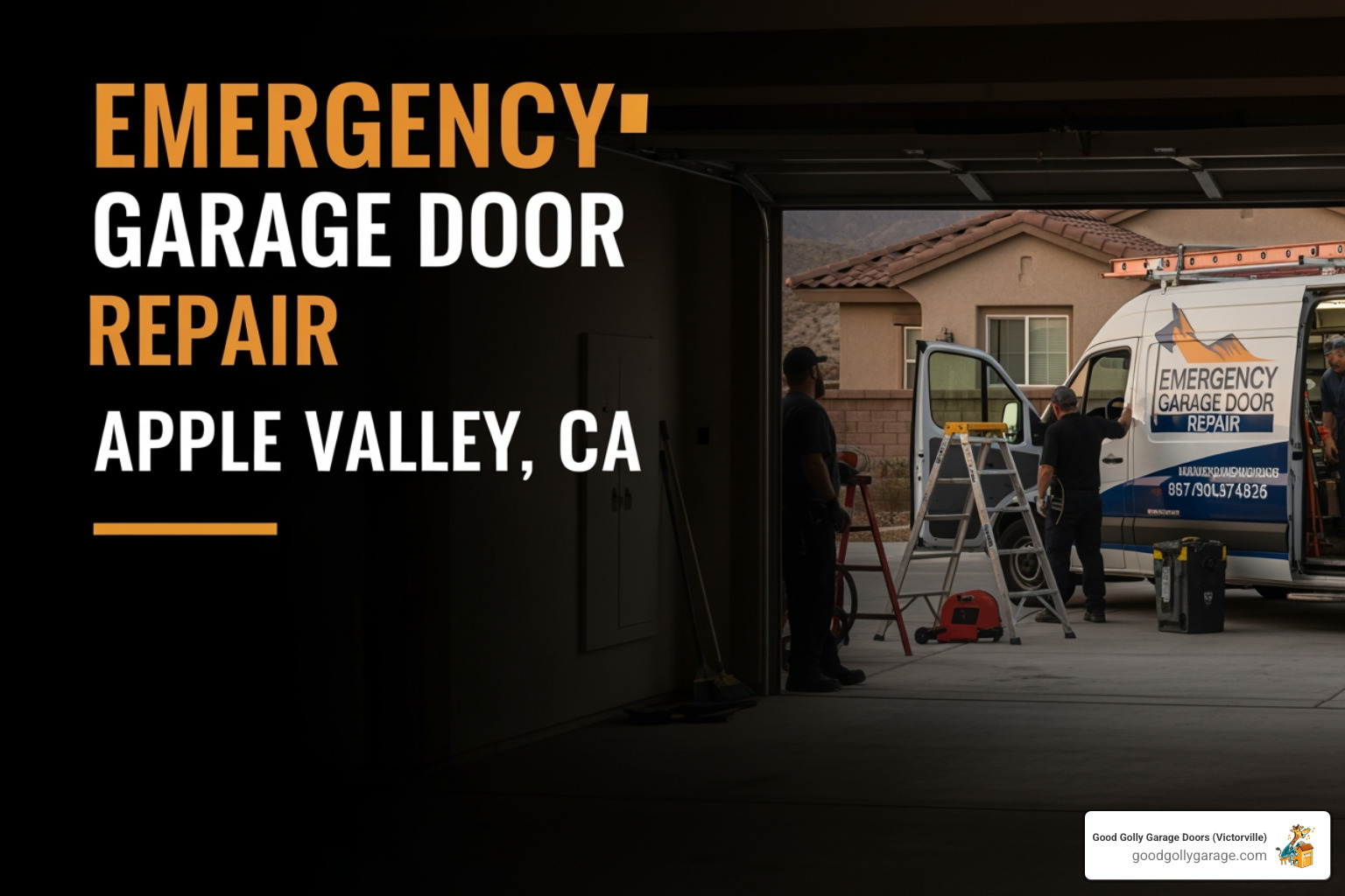 Infographic showing the top 3 signs you need emergency garage door service: 1. Loud bang or grinding noise indicating broken springs or cables, 2. Door stuck open or closed with vehicle trapped inside, 3. Visible damage such as bent tracks, broken panels, or frayed cables posing immediate safety risk - emergency garage door installation in apple valley ca