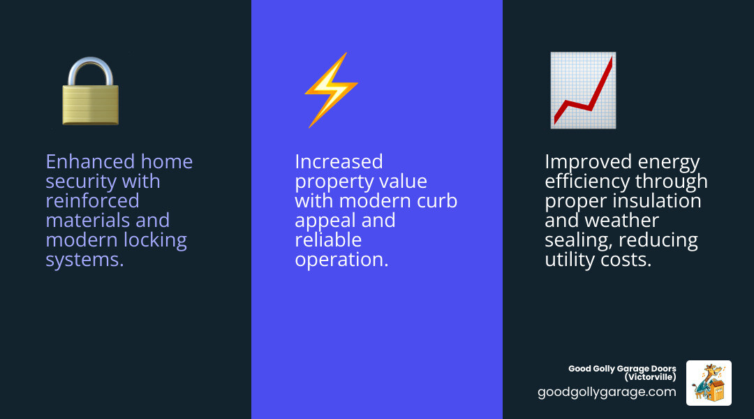 infographic showing three key benefits of professional garage door installation: enhanced home security with reinforced materials and modern locking systems, improved energy efficiency through proper insulation and weather sealing reducing utility costs, and increased property value with modern curb appeal and reliable operation - Best Garage Door Installation In Oak Hills CA infographic 3_facts_emoji_blue infographic showing three key benefits of professional garage door installation: enhanced home security with reinforced materials and modern locking systems, improved energy efficiency through proper insulation and weather sealing reducing utility costs, and increased property value with modern curb appeal and reliable operation - Best Garage Door Installation In Oak Hills CA infographic 3_facts_emoji_blue
