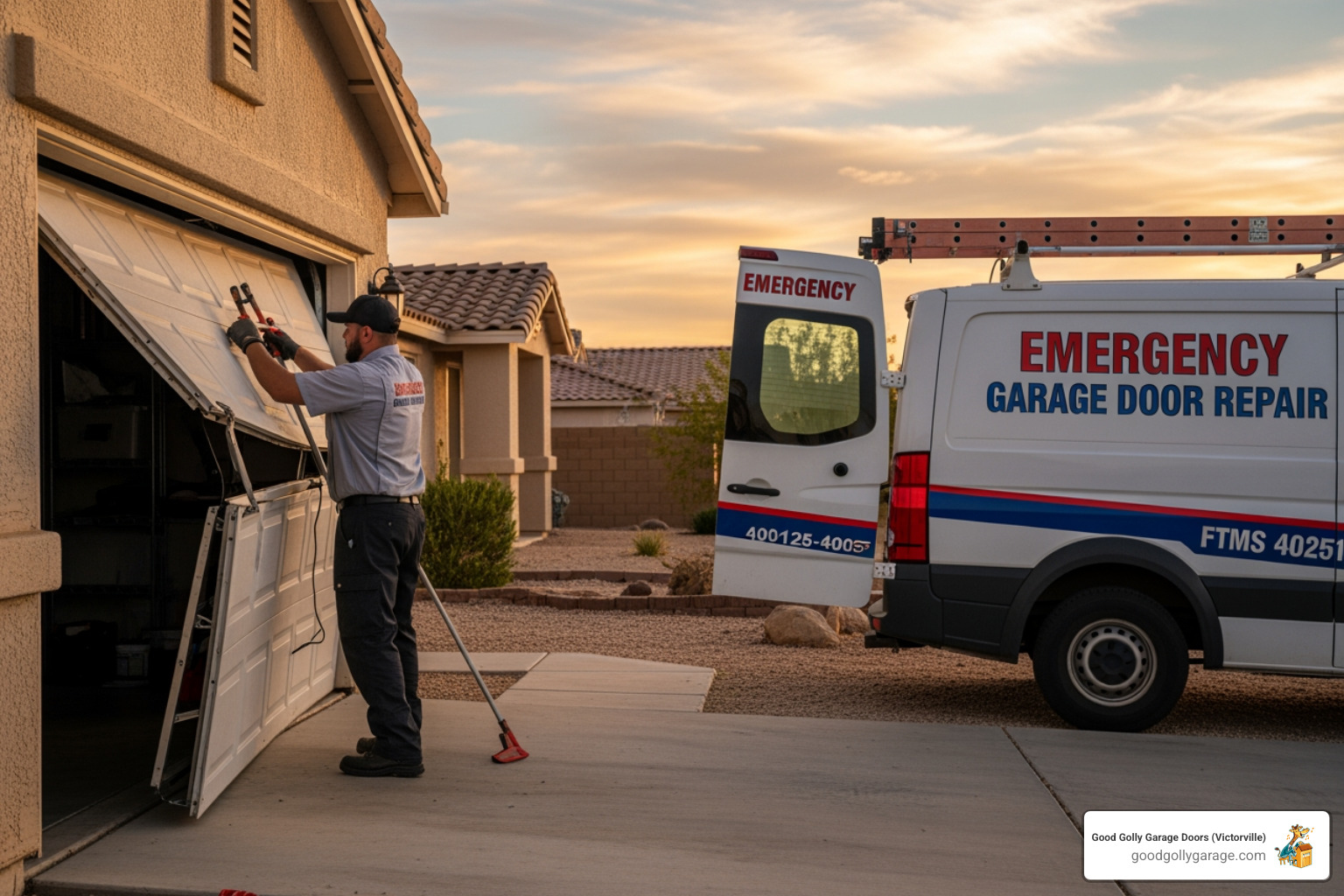 Infographic showing the top 5 signs of a garage door emergency: 1. A loud explosive bang indicating a broken spring, 2. Door hanging crooked or off-track, 3. Unresponsive opener with no movement, 4. Visible frayed cables or gaps in springs, 5. Door stuck halfway open or closed - emergency garage door maintenance in apple valley ca