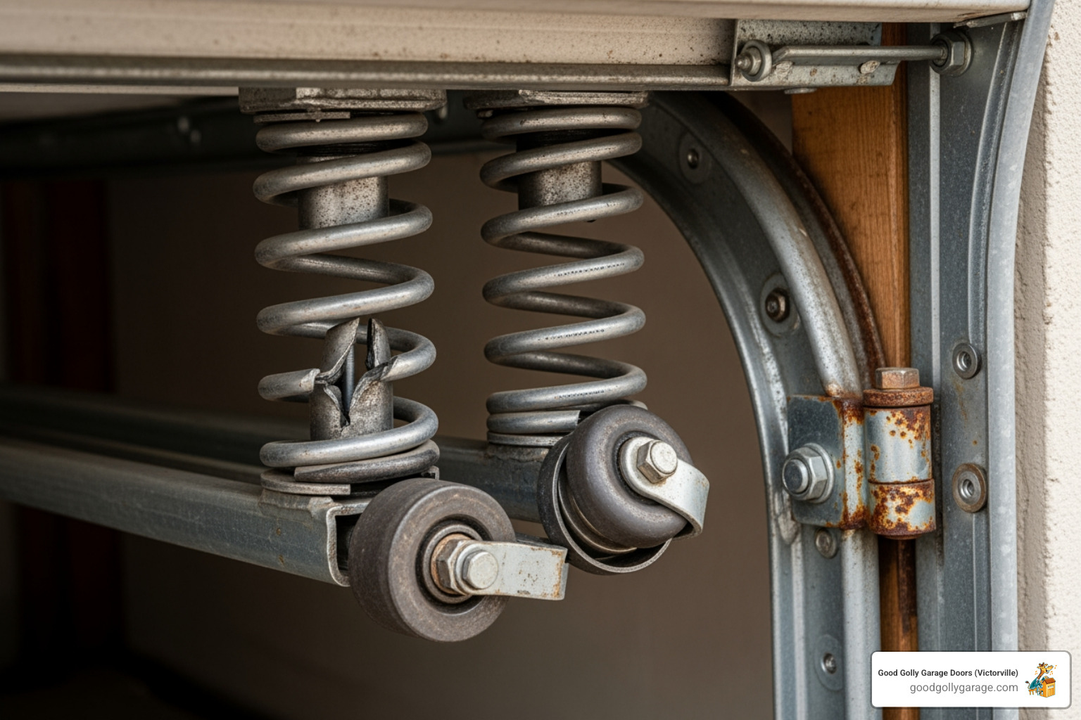 Infographic showing three types of dangerous garage door noises: a loud bang indicating a broken spring with a warning icon, grinding sounds suggesting worn rollers or track issues with visible metal-on-metal contact, and screeching noises pointing to lack of lubrication or misaligned parts, each with simple illustrations of the affected components and severity ratings - Emergency Loud Garage Door in Running Springs CA Infographic showing three types of dangerous garage door noises: a loud bang indicating a broken spring with a warning icon, grinding sounds suggesting worn rollers or track issues with visible metal-on-metal contact, and screeching noises pointing to lack of lubrication or misaligned parts, each with simple illustrations of the affected components and severity ratings - Emergency Loud Garage Door in Running Springs CA