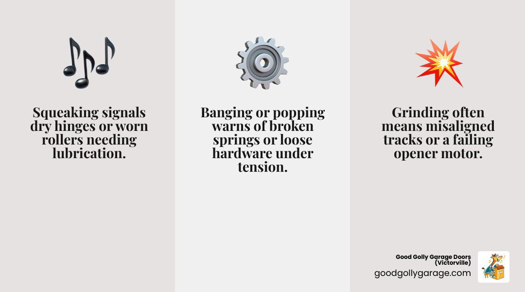 Infographic showing three common garage door sounds with their causes: squeaking (dry hinges or worn rollers needing lubrication), grinding (misaligned tracks or failing opener motor), and banging or popping (broken springs or loose hardware under tension) - Fix Loud Garage Door in Spring Valley Lake CA infographic 3_facts_emoji_grey Infographic showing three common garage door sounds with their causes: squeaking (dry hinges or worn rollers needing lubrication), grinding (misaligned tracks or failing opener motor), and banging or popping (broken springs or loose hardware under tension) - Fix Loud Garage Door in Spring Valley Lake CA infographic 3_facts_emoji_grey