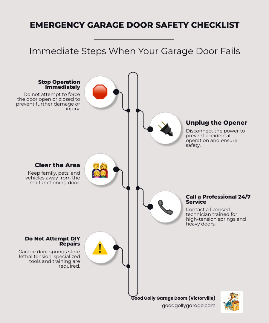 Infographic showing emergency garage door maintenance steps: 1) Stop operation immediately, 2) Unplug the opener, 3) Clear the area of people and pets, 4) Call a 24/7 professional service, 5) Do not attempt DIY spring repairs, 6) Keep the area secure until help arrives - Emergency Garage Door Maintenance in Helendale, CA infographic infographic-line-5-steps-elegant_beige Infographic showing emergency garage door maintenance steps: 1) Stop operation immediately, 2) Unplug the opener, 3) Clear the area of people and pets, 4) Call a 24/7 professional service, 5) Do not attempt DIY spring repairs, 6) Keep the area secure until help arrives - Emergency Garage Door Maintenance in Helendale, CA infographic infographic-line-5-steps-elegant_beige