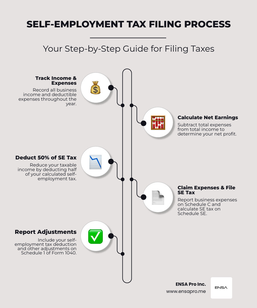 Infographic showing the complete self-employment tax filing process from tracking income and expenses throughout the year, to calculating net earnings, deducting 50% of SE tax, claiming business expenses on Schedule C, filing Schedule SE for self-employment tax, and reporting adjustments on Schedule 1 of Form 1040 - self employment tax deductions infographic infographic-line-5-steps-elegant_beige Infographic showing the complete self-employment tax filing process from tracking income and expenses throughout the year, to calculating net earnings, deducting 50% of SE tax, claiming business expenses on Schedule C, filing Schedule SE for self-employment tax, and reporting adjustments on Schedule 1 of Form 1040 - self employment tax deductions infographic infographic-line-5-steps-elegant_beige
