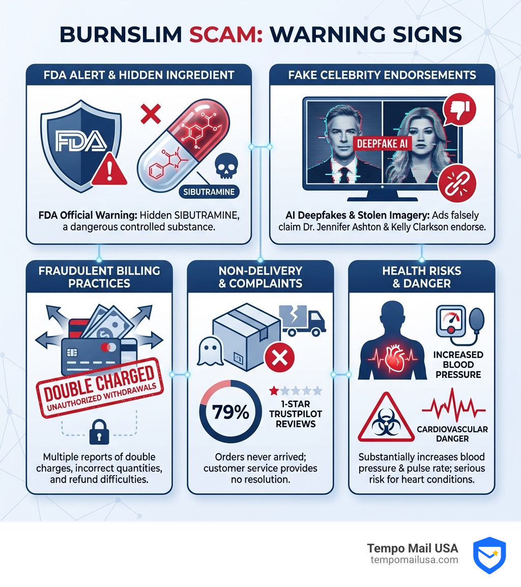 Infographic showing Burnslim scam warning signs including FDA alert for hidden sibutramine ingredient, fake celebrity endorsements using AI deepfakes, fraudulent billing practices with double charging and unauthorized withdrawals, non-delivery complaints with 79% one-star Trustpilot reviews, and health risks including increased blood pressure and cardiovascular danger - burnslim scam infographic Infographic showing Burnslim scam warning signs including FDA alert for hidden sibutramine ingredient, fake celebrity endorsements using AI deepfakes, fraudulent billing practices with double charging and unauthorized withdrawals, non-delivery complaints with 79% one-star Trustpilot reviews, and health risks including increased blood pressure and cardiovascular danger - burnslim scam infographic
