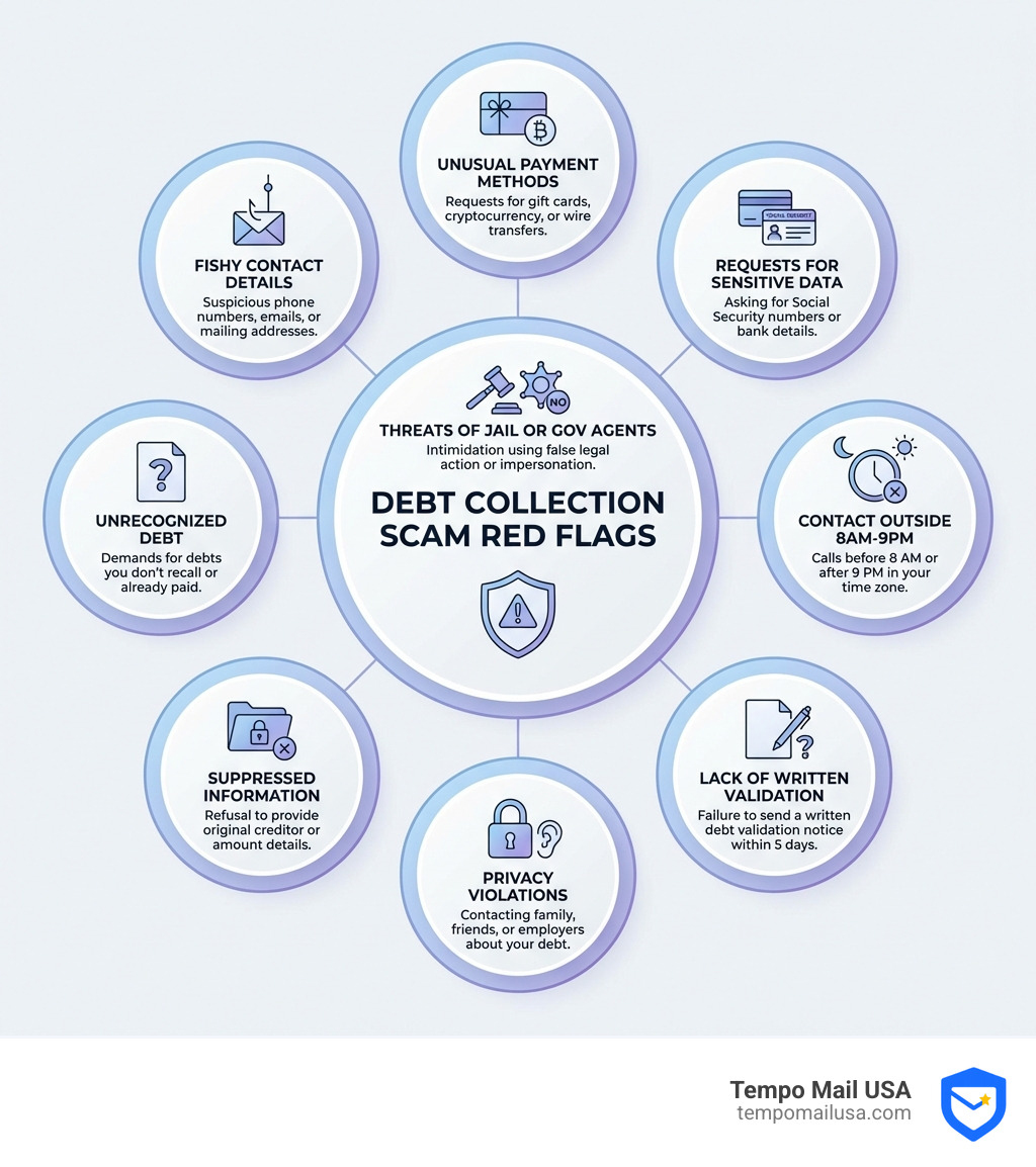 infographic showing debt collection scam red flags: fishy contact details, unrecognized debt, suppressed information, unusual payment methods like gift cards or crypto, threats of jail or government agents, privacy violations by contacting third parties, requests for Social Security numbers or bank details, contact outside 8am-9pm hours, and lack of written validation - shepherd outsourcing scam infographic infographic showing debt collection scam red flags: fishy contact details, unrecognized debt, suppressed information, unusual payment methods like gift cards or crypto, threats of jail or government agents, privacy violations by contacting third parties, requests for Social Security numbers or bank details, contact outside 8am-9pm hours, and lack of written validation - shepherd outsourcing scam infographic