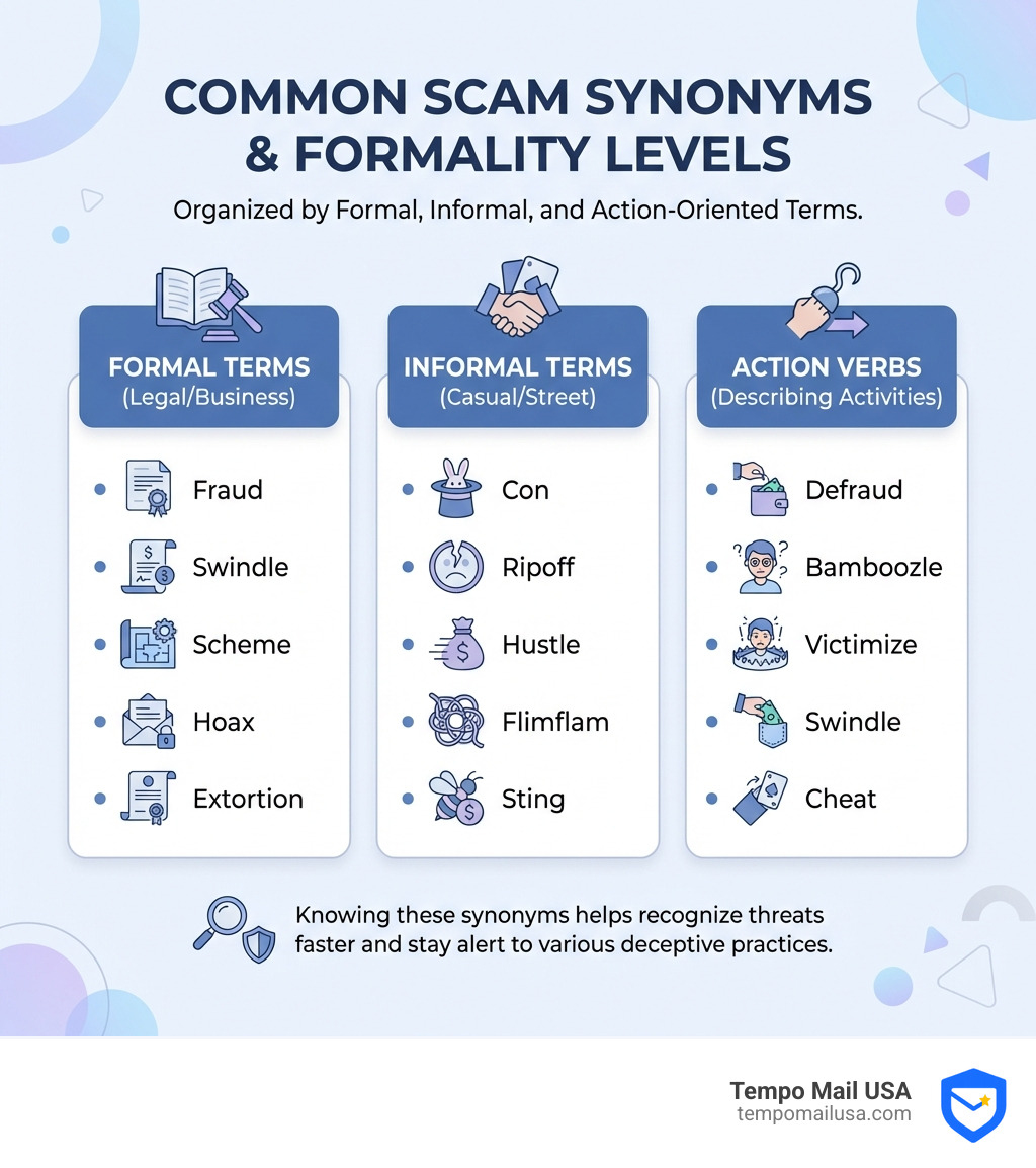 Infographic showing common scam synonyms organized by formality level, including fraud and swindle as formal terms, con and hustle as informal terms, and verbs like defraud and bamboozle as action words describing scam activities - scam synonym infographic Infographic showing common scam synonyms organized by formality level, including fraud and swindle as formal terms, con and hustle as informal terms, and verbs like defraud and bamboozle as action words describing scam activities - scam synonym infographic