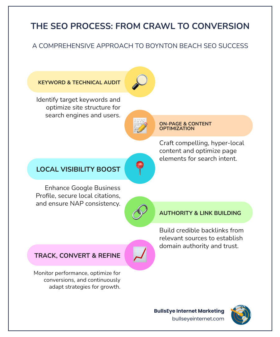 SEO process diagram illustrating keyword audit, on-page optimization, local visibility boost, and authority link building