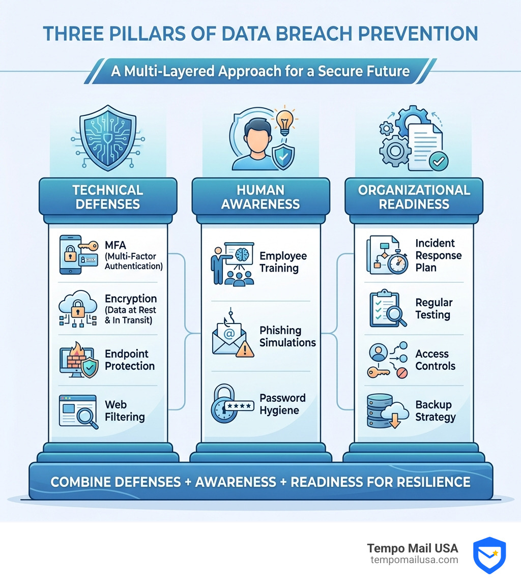 Infographic showing the three pillars of data breach prevention: Technical Defenses (MFA, encryption, endpoint protection, web filtering), Human Awareness (employee training, phishing simulations, password hygiene), and Organizational Readiness (incident response plan, regular testing, access controls, backup strategy) - prevent data breaches infographic 