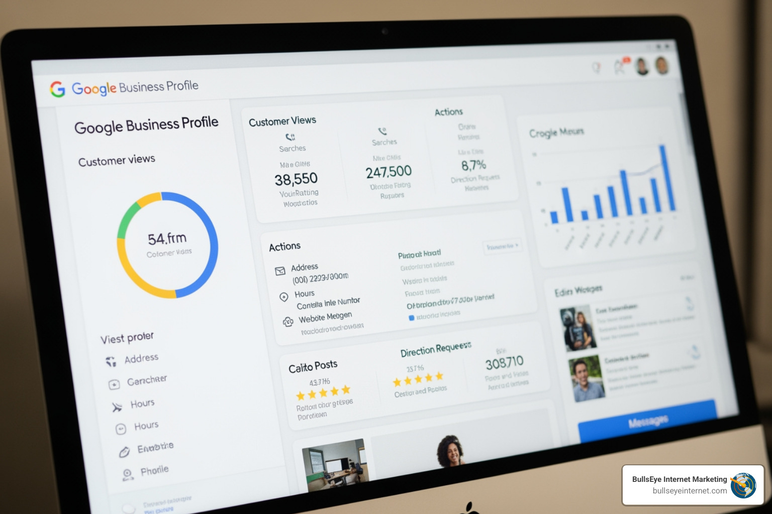 Google Business Profile dashboard displaying customer views, actions, and engagement metrics for contractors, emphasizing GMB optimization for local presence and lead generation.