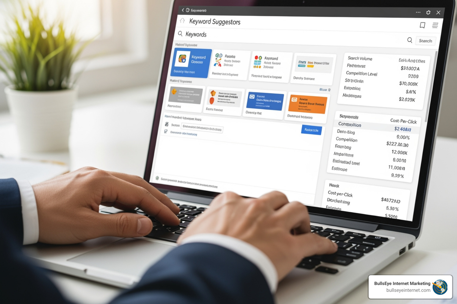 Person analyzing keyword suggestions on a laptop, showcasing Bing Ads management tools and metrics relevant to digital marketing strategies.