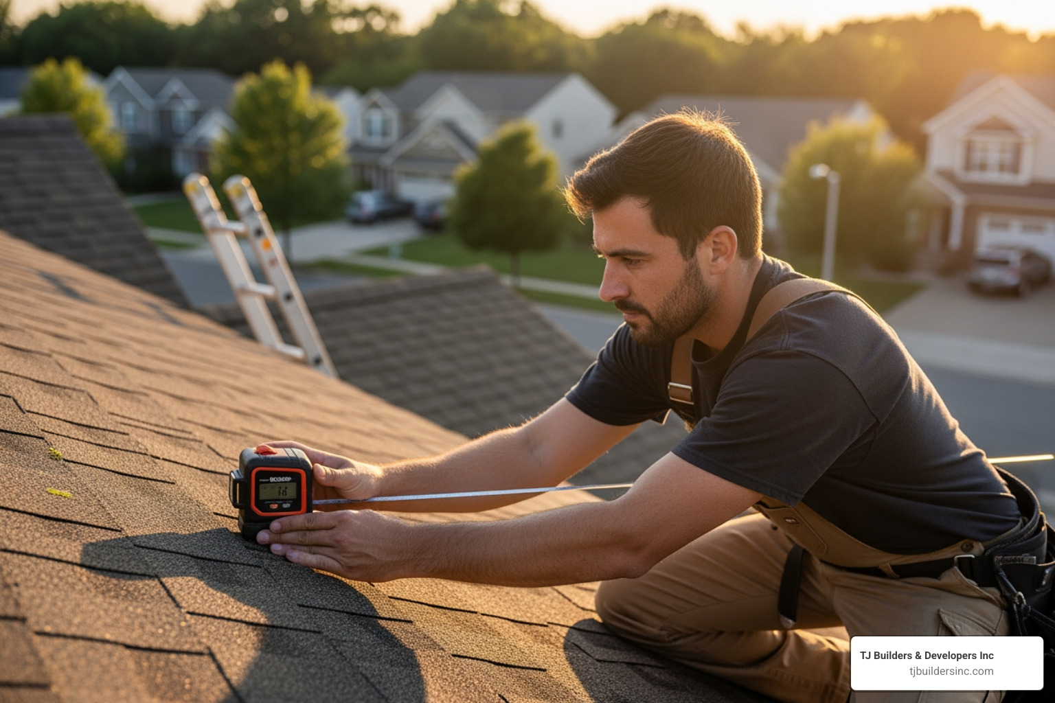 contractor measuring a roofline - estimate gutter replacement