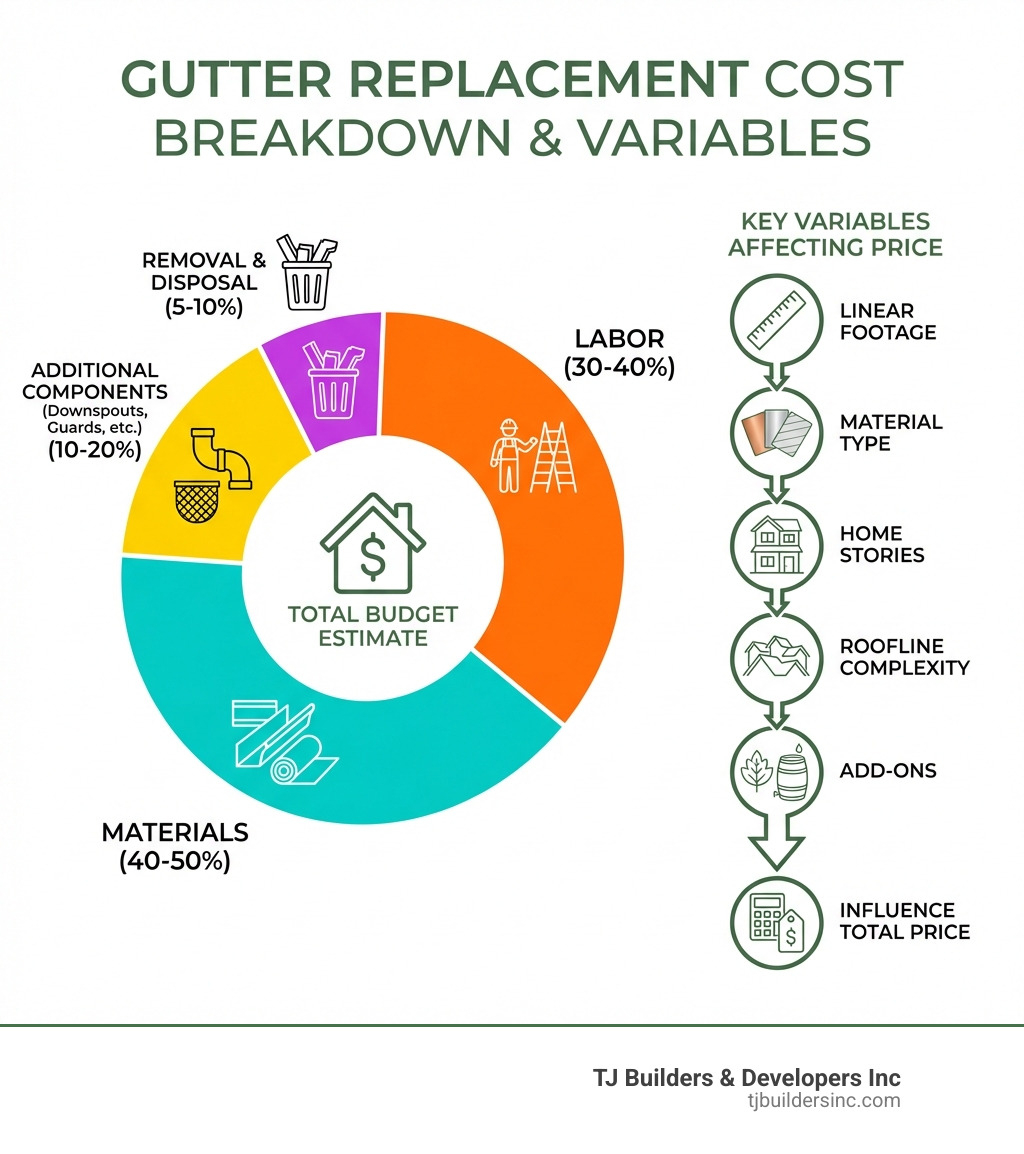 infographic showing gutter replacement cost breakdown including materials at 40-50% of total budget, labor at 30-40%, removal and disposal at 5-10%, additional components like downspouts and guards at 10-20%, and key variables affecting price such as linear footage, material type, home stories, roofline complexity, and add-ons - estimate gutter replacement infographic 