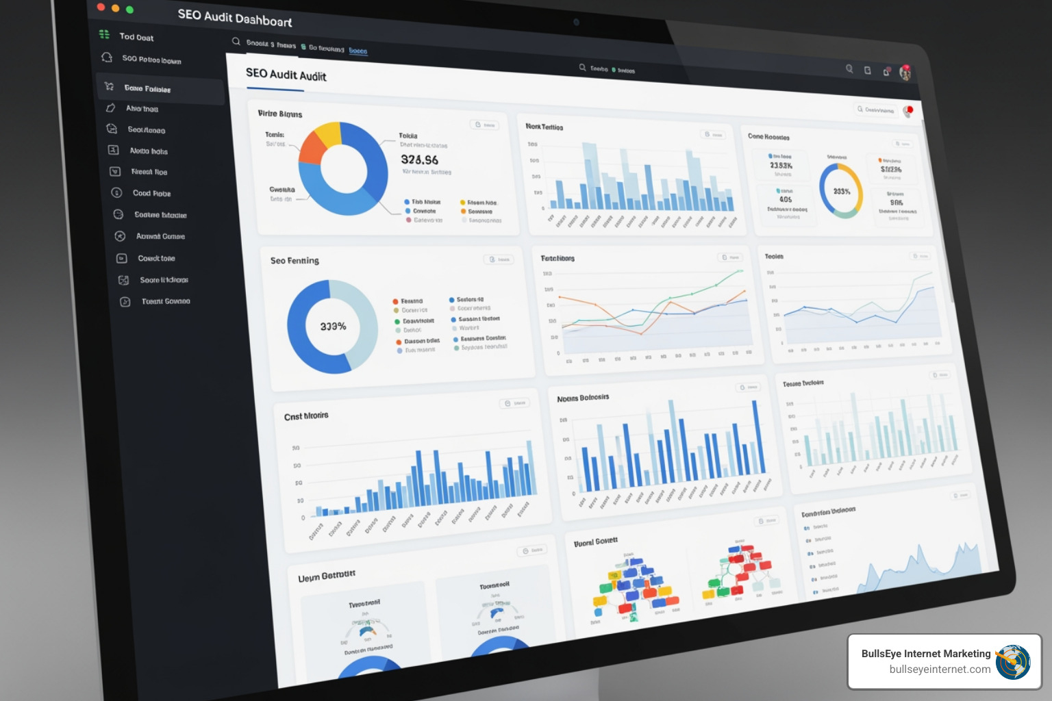 SEO Audit Dashboard displaying website performance metrics and BullsEye Internet Marketing branding.