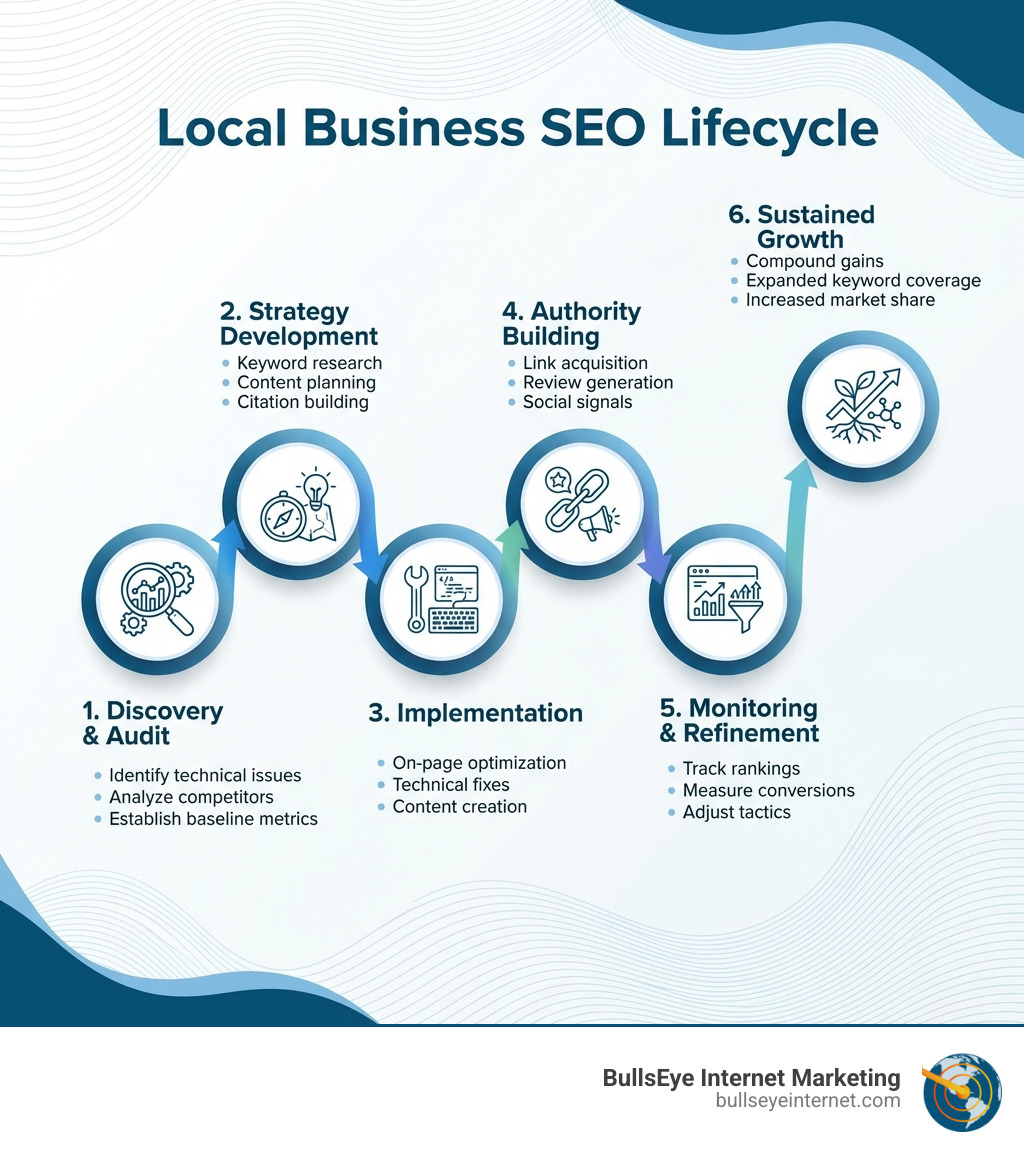 SEO lifecycle diagram illustrating BullsEye Internet Marketing's strategy for local business growth and sustained market