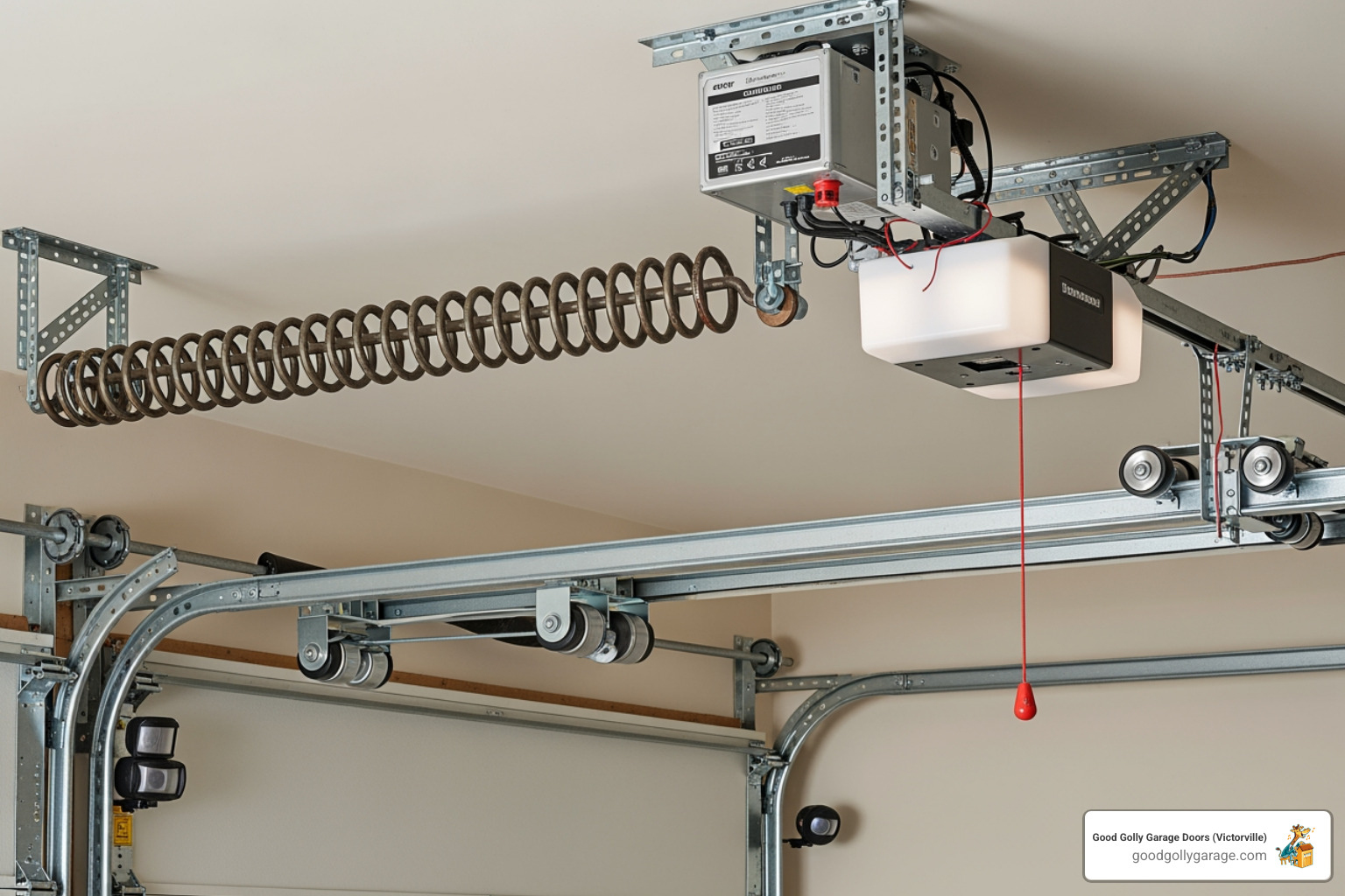 Infographic showing garage door anatomy with labeled components including torsion springs, photo-eye sensors, opener motor, trolley carriage, tracks, rollers, and emergency release cord, with common failure points highlighted for each part - why is my garage door won't open in phelan ca