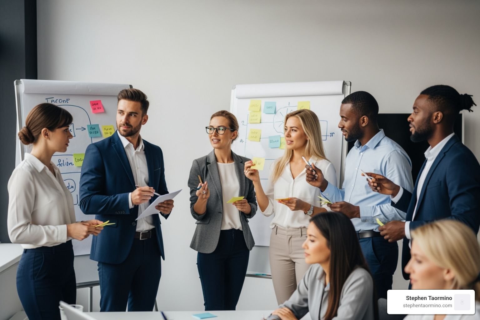a business team brainstorming after a keynote - marketing speakers a business team brainstorming after a keynote - marketing speakers