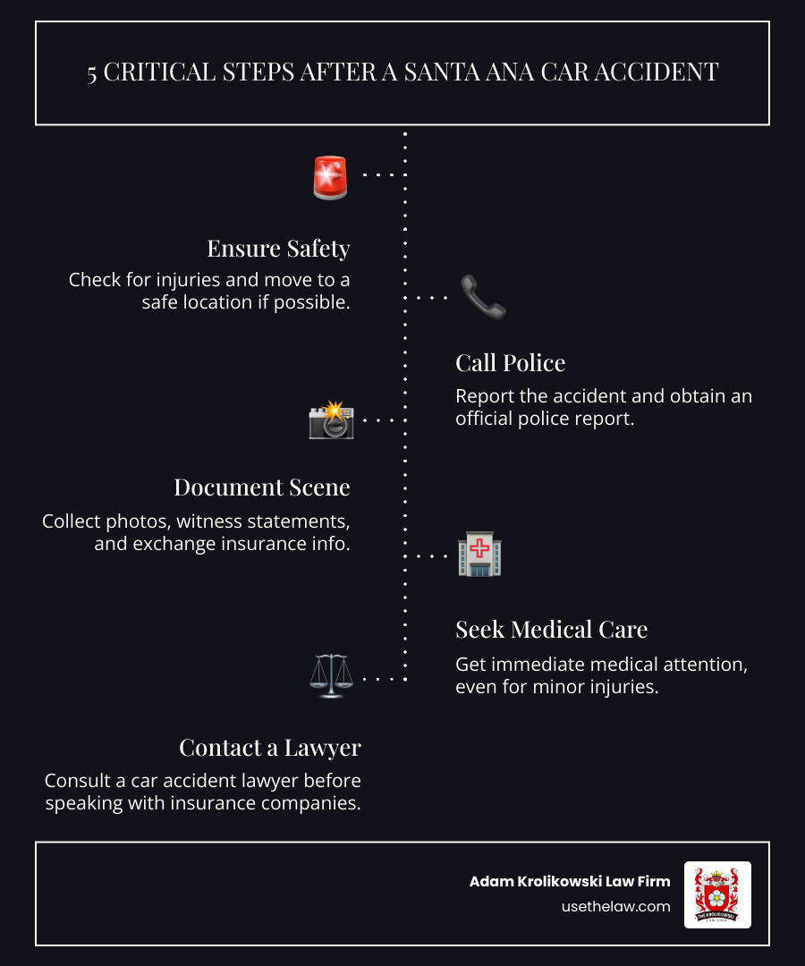 Steps to take after a car accident in Santa Ana: 1. Check for injuries and move to safety, 2. Call police and report the accident, 3. Document the scene with photos and witness information, 4. Seek immediate medical attention, 5. Contact a car accident lawyer before speaking with insurance companies - car accident lawyers santa ana infographic infographic-line-5-steps-dark