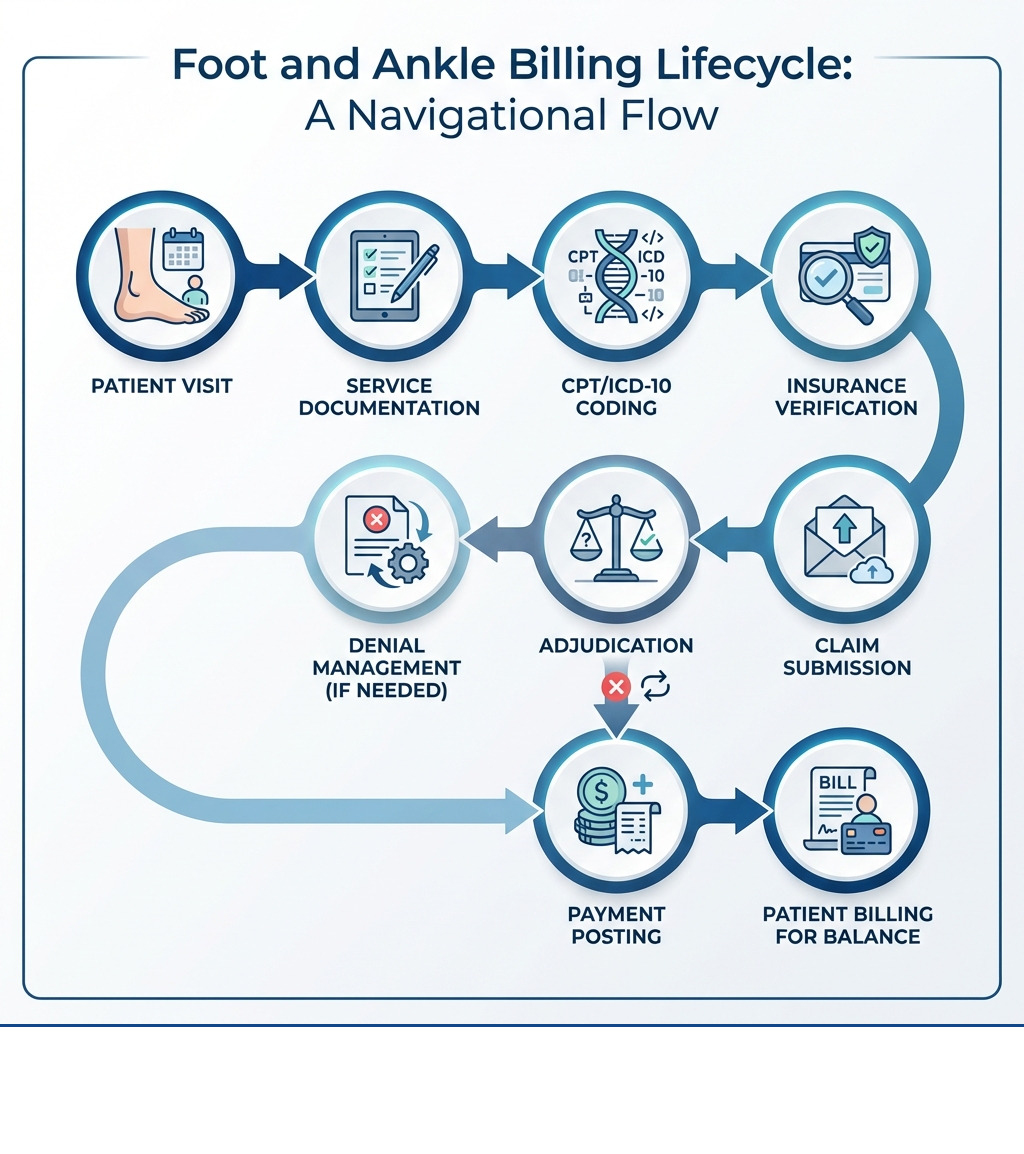 Infographic showing the foot and ankle billing lifecycle: Patient Visit → Service Documentation → CPT/ICD-10 Coding → Insurance Verification → Claim Submission → Adjudication → Payment Posting → Denial Management (if needed) → Patient Billing for Balance - Foot and ankle billing infographic 