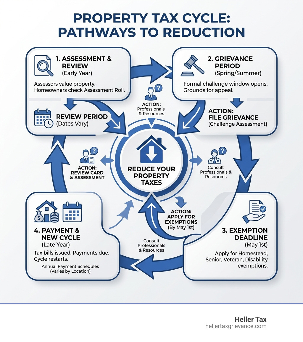 infographic showing the property tax cycle from assessment to payment, including key deadlines like May 1st for exemption applications, assessment review periods, grievance filing windows, and annual payment schedules, with arrows indicating when homeowners can take action to reduce their taxes - property tax reduction infographic infographic showing the property tax cycle from assessment to payment, including key deadlines like May 1st for exemption applications, assessment review periods, grievance filing windows, and annual payment schedules, with arrows indicating when homeowners can take action to reduce their taxes - property tax reduction infographic