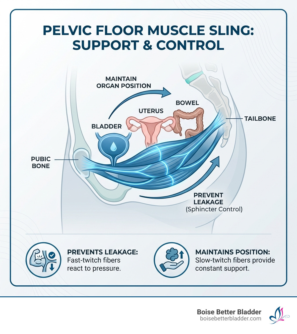 infographic showing the pelvic floor muscles forming a sling from pubic bone to tailbone, supporting the bladder, uterus, and bowel, with labels indicating how these muscles prevent leakage and maintain organ position - Pelvic muscle strengthening infographic 