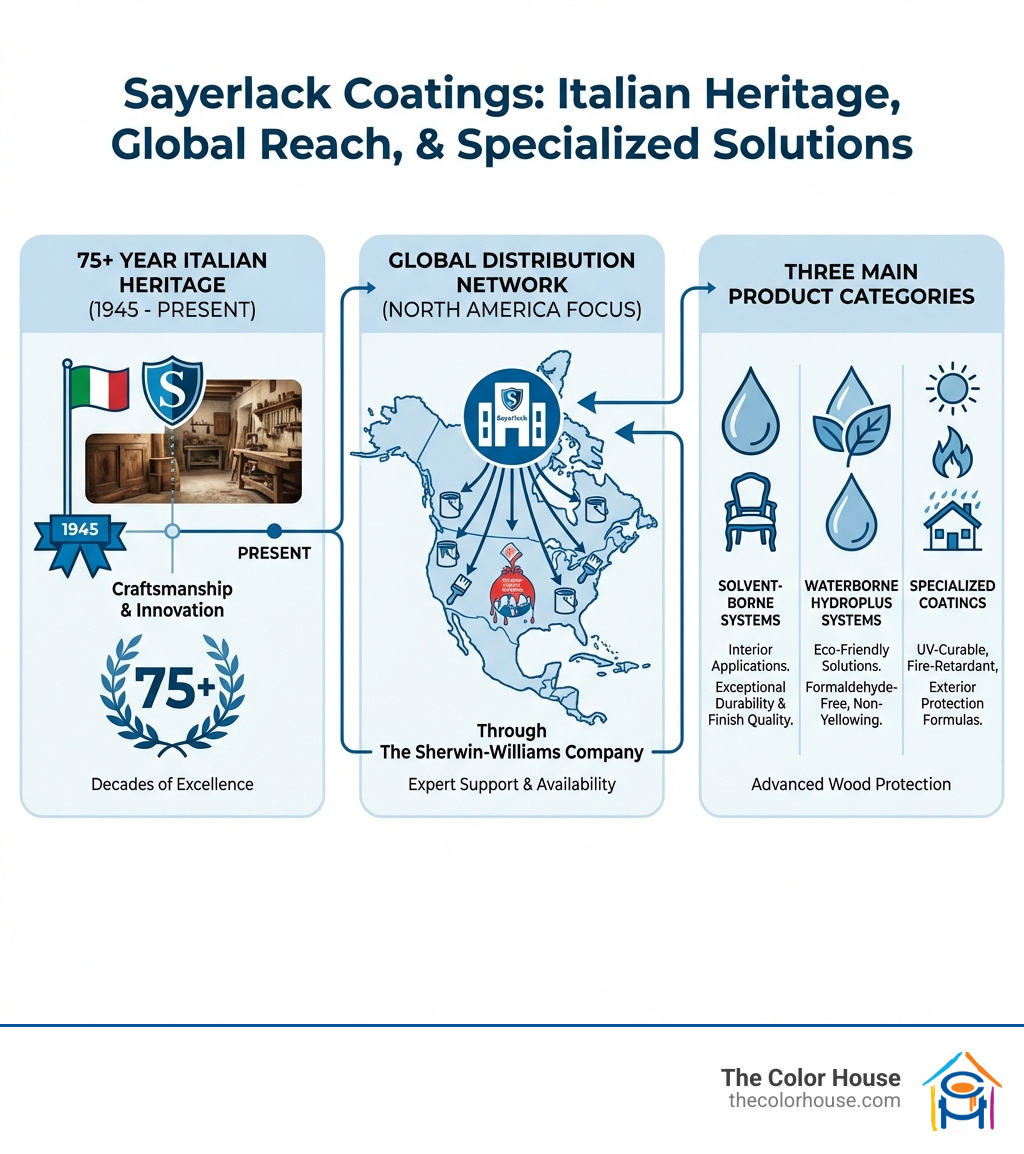 Infographic showing Sayerlack's 75-year Italian heritage timeline from 1945 to present, global distribution network across North America through The Sherwin-Williams Company, and three main product categories: solvent-borne systems for interior applications, waterborne Hydroplus systems for eco-friendly solutions, and specialized coatings including UV-curable, fire-retardant, and exterior protection formulas - Sayerlack Coatings  infographic 