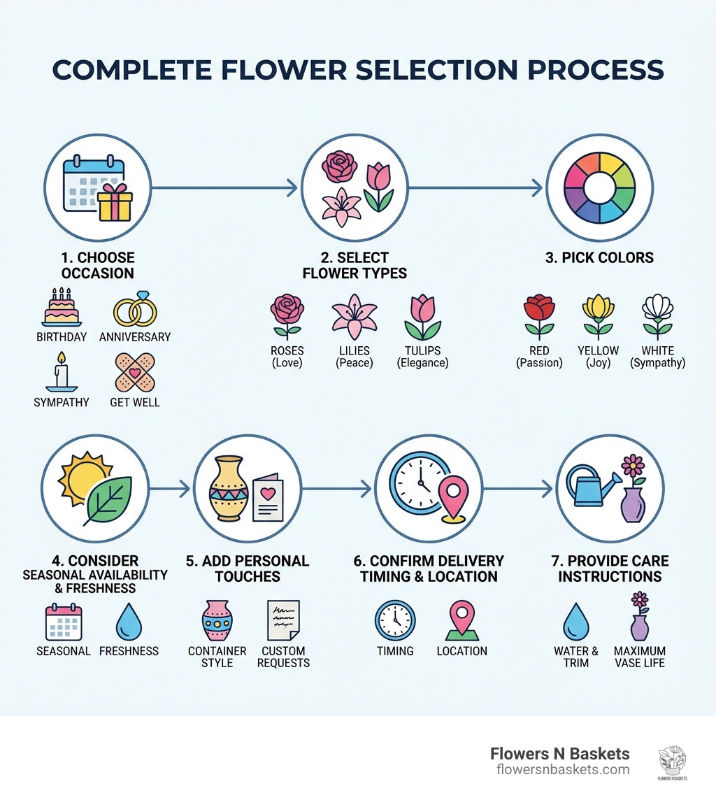 Infographic showing the complete flower selection process: 1. Choose your occasion (birthday, anniversary, sympathy, get well), 2. Select flower types based on meaning (roses for love, lilies for peace, tulips for elegance), 3. Pick colors that match your message (red for passion, yellow for joy, white for sympathy), 4. Consider seasonal availability and freshness, 5. Add personal touches through container style and custom requests, 6. Confirm delivery timing and location, 7. Provide care instructions for maximum vase life - gift flowers infographic